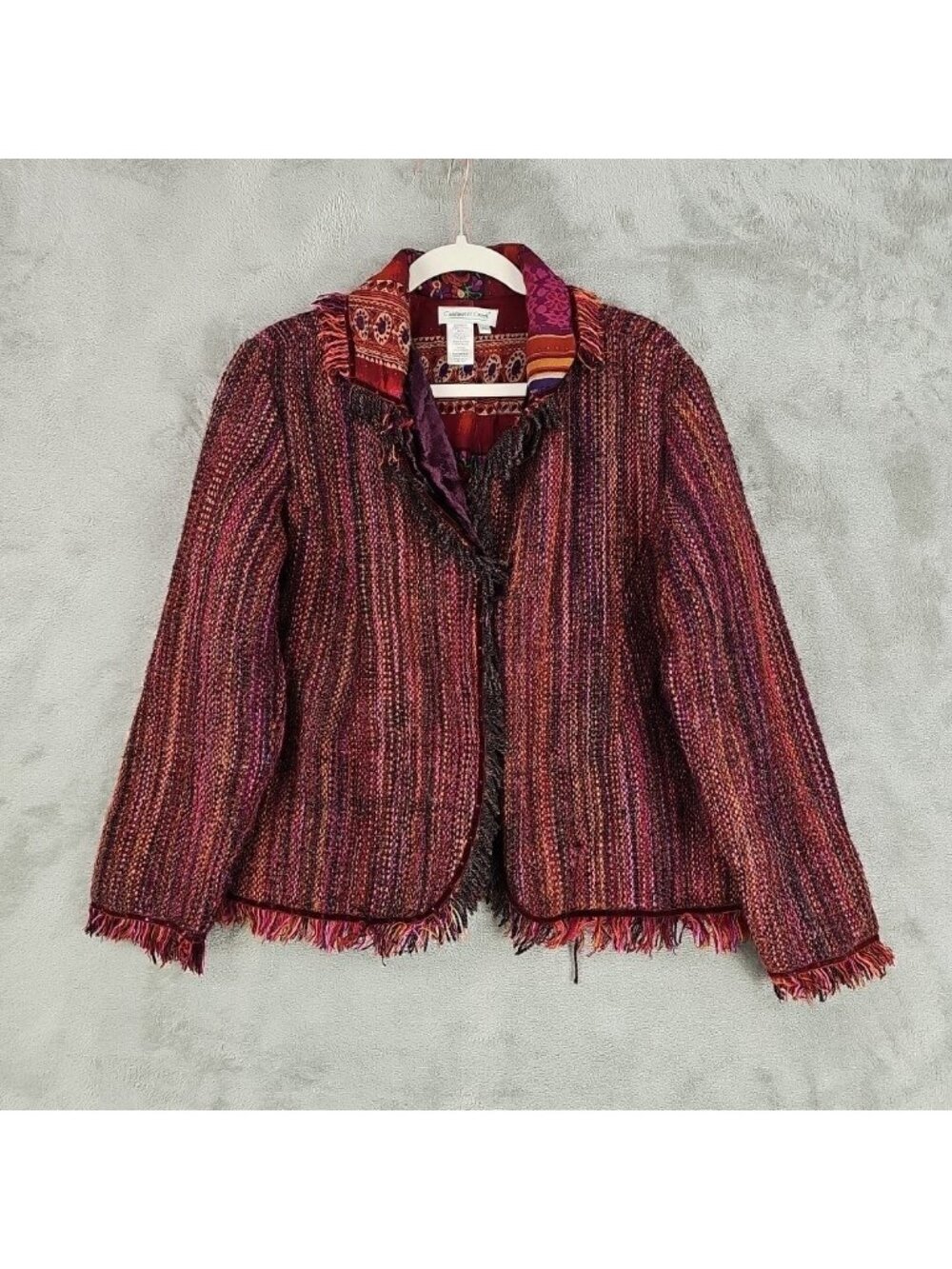 Coldwater Creek Blazer Jacket Womens Petite Large PL Red Tweed Fringe Boho Lined
